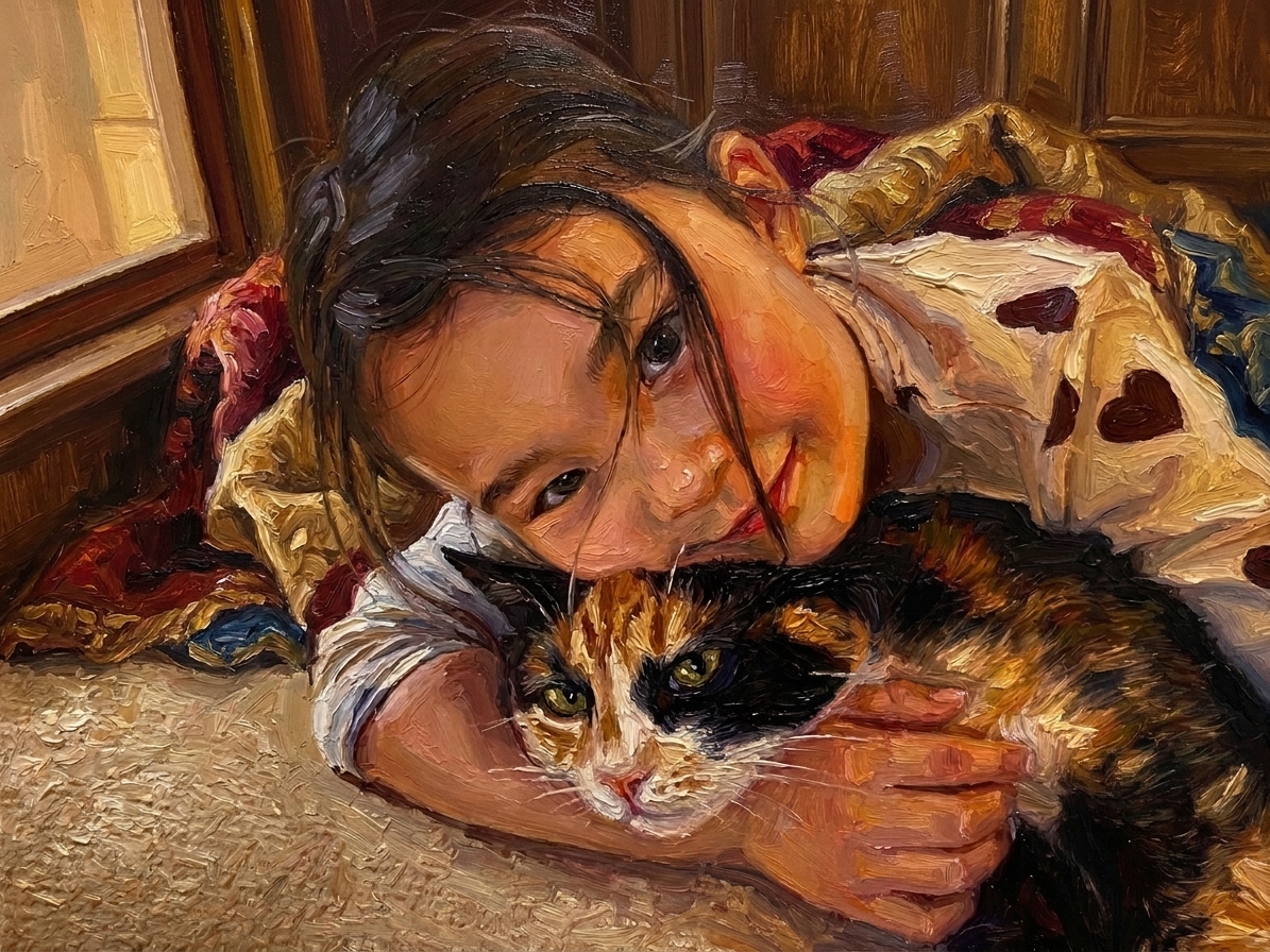 Portrait of a girl holding her calico cat, heavy oil texture